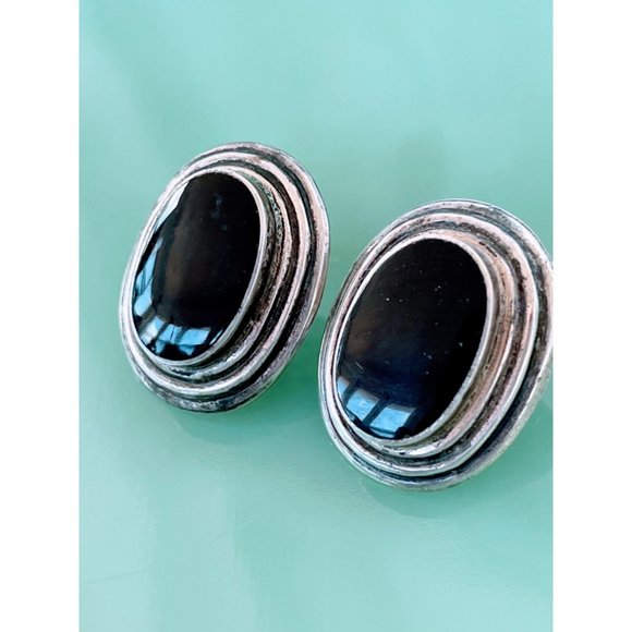 unbranded Jewelry - Vintage 925 Silver Black Onyx Oval Modernist Earrings
